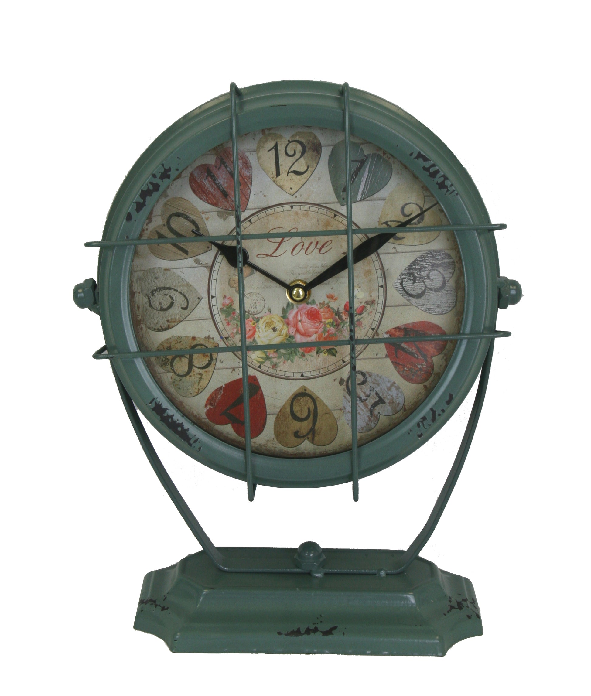 Head Light In A Cage With Hearts And Numbers Faceplate Table Clock