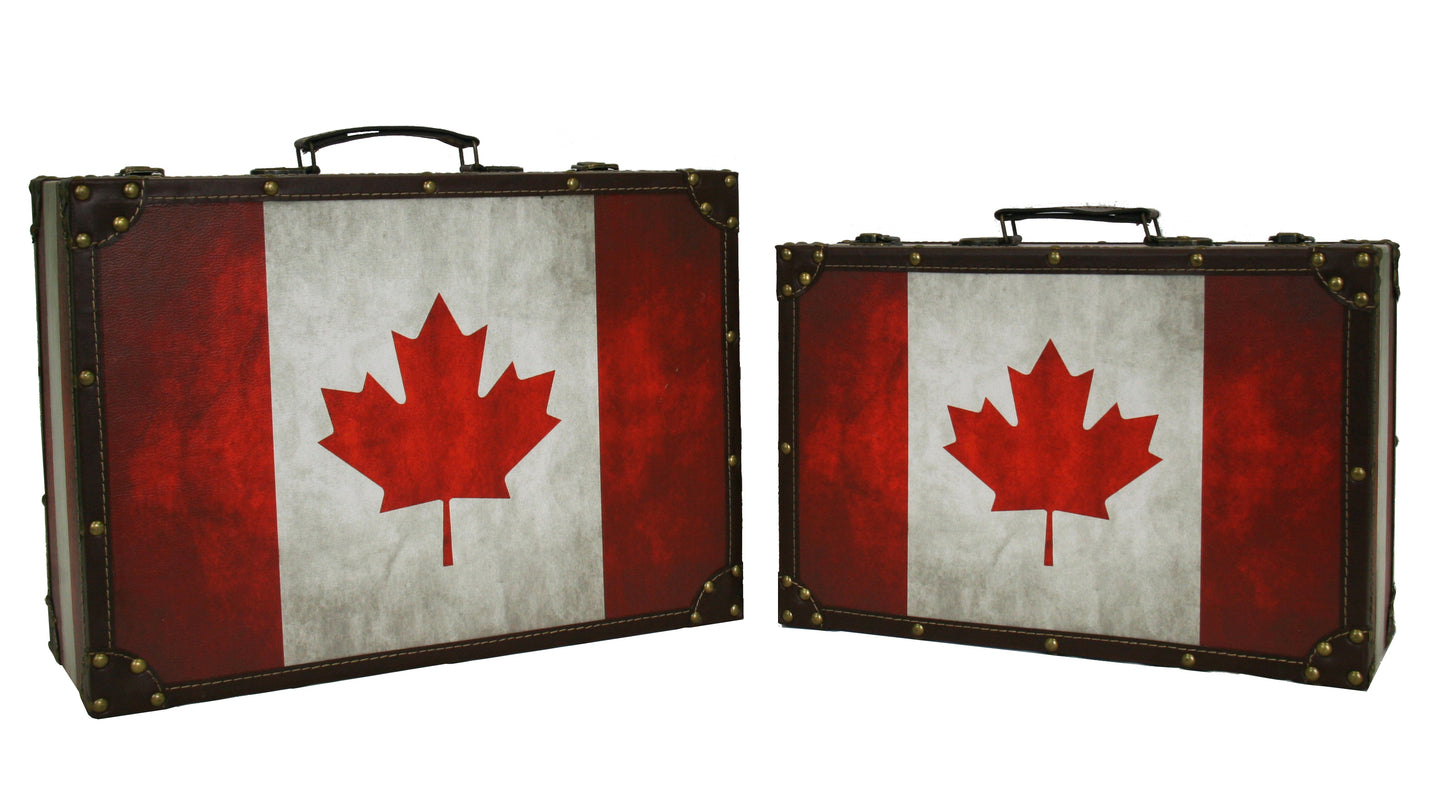 Set Of 2 Canadian Flag Suitcases Decorative Trunks