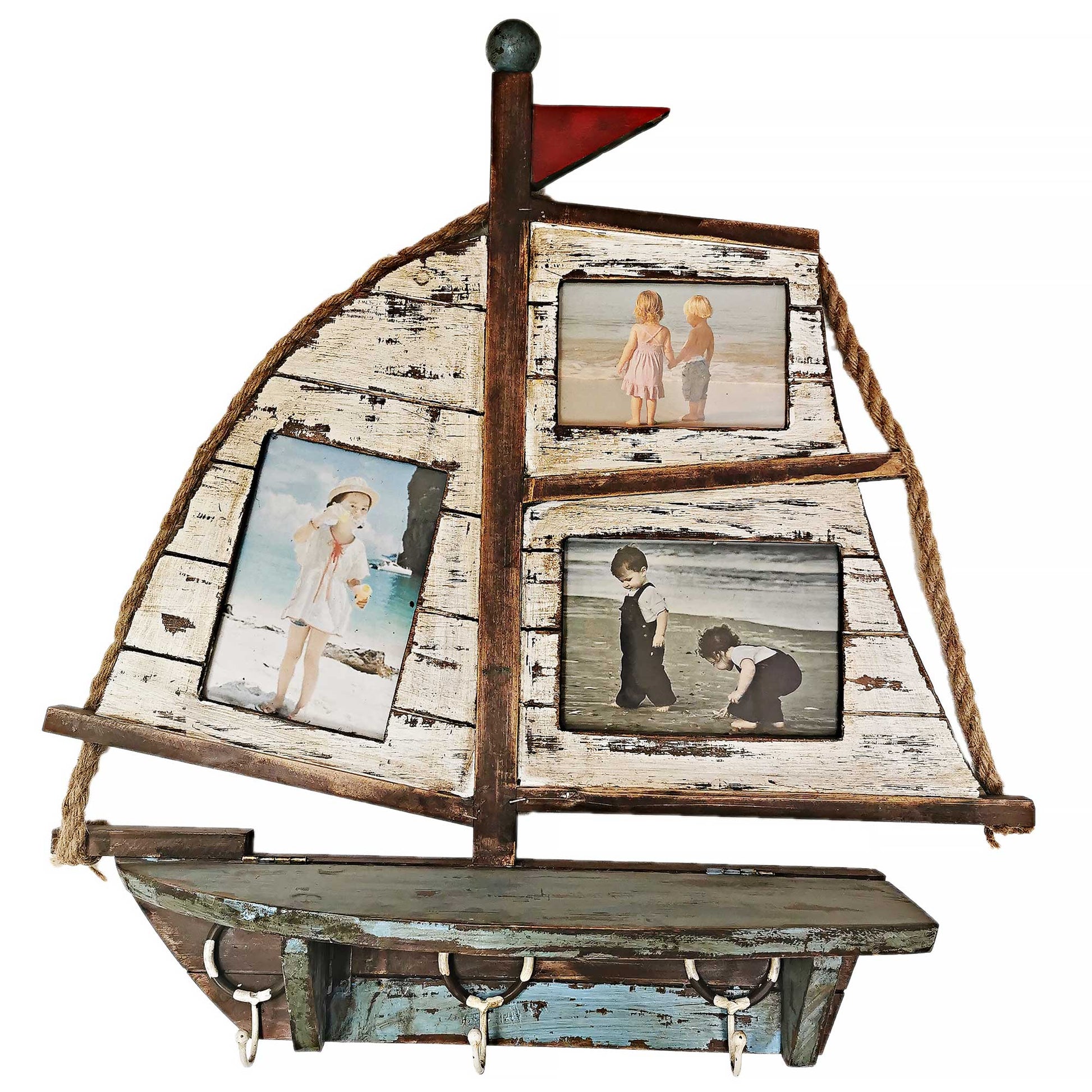 Rustic Boat With Photo Frame Sail Ledge And Triple Wall Hook