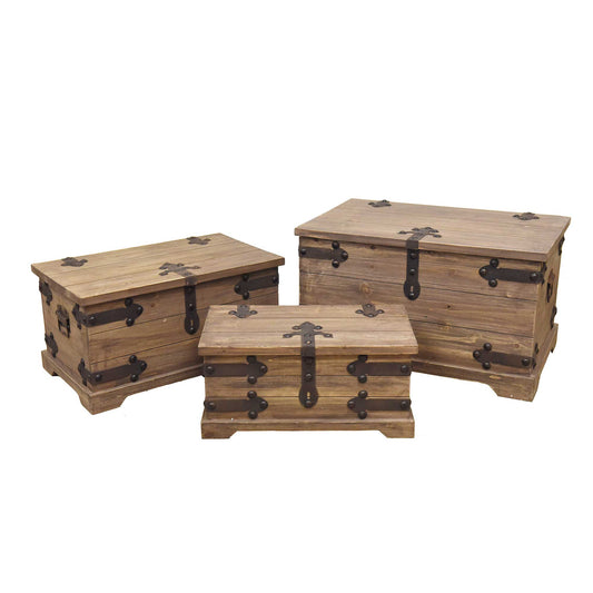 Set Of 3 Vintage Plank Look With Metal Accents Decorative Trunks