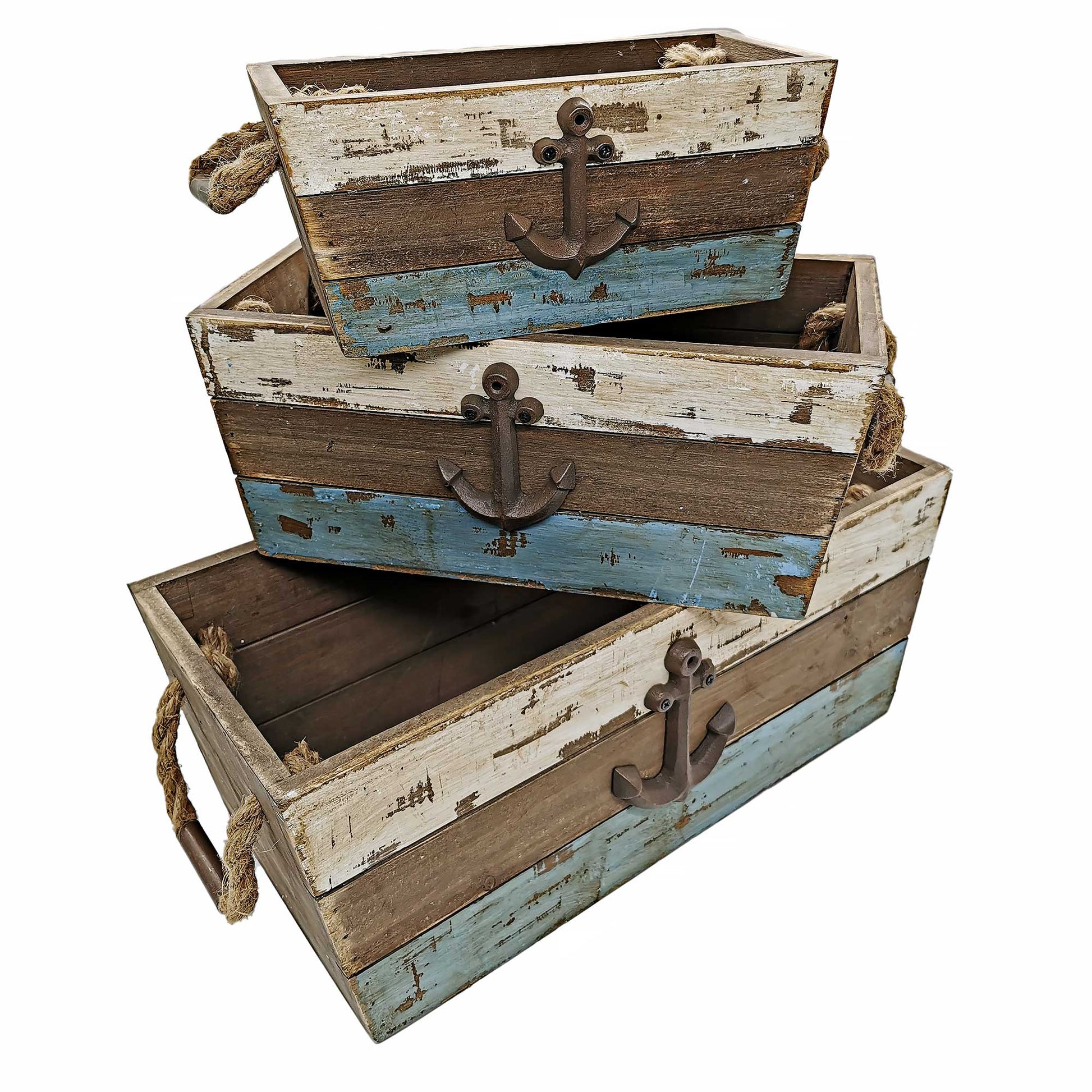 Set Of 3 Coastal Look With Anchors And Rope Handles Decorative Crates