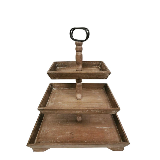 Distressed Brown Three Tiered With Handle Decorative Tray