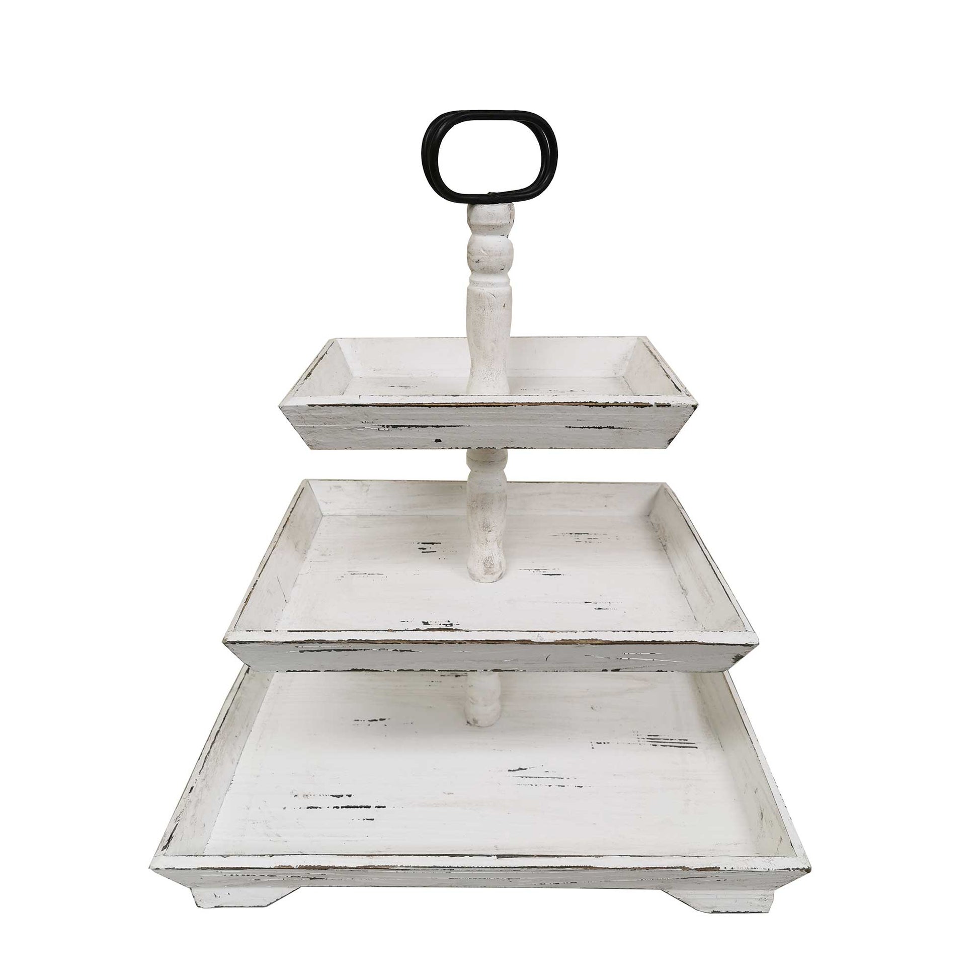 Distressed Look Three Tiered With Handle Decorative Tray