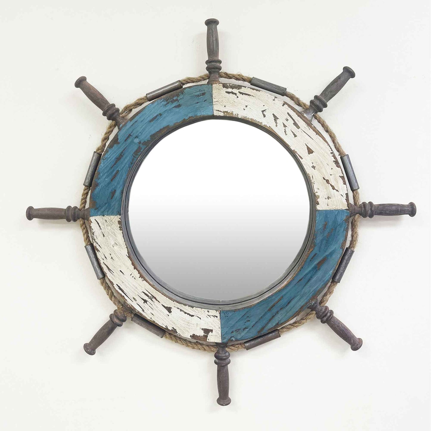 Rustic Ship Wheel With Rope Accents Wall Mirror