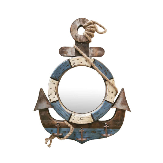 Rustic Anchor And Life Preserver With Rope Accents And Hooks Wall Mirror