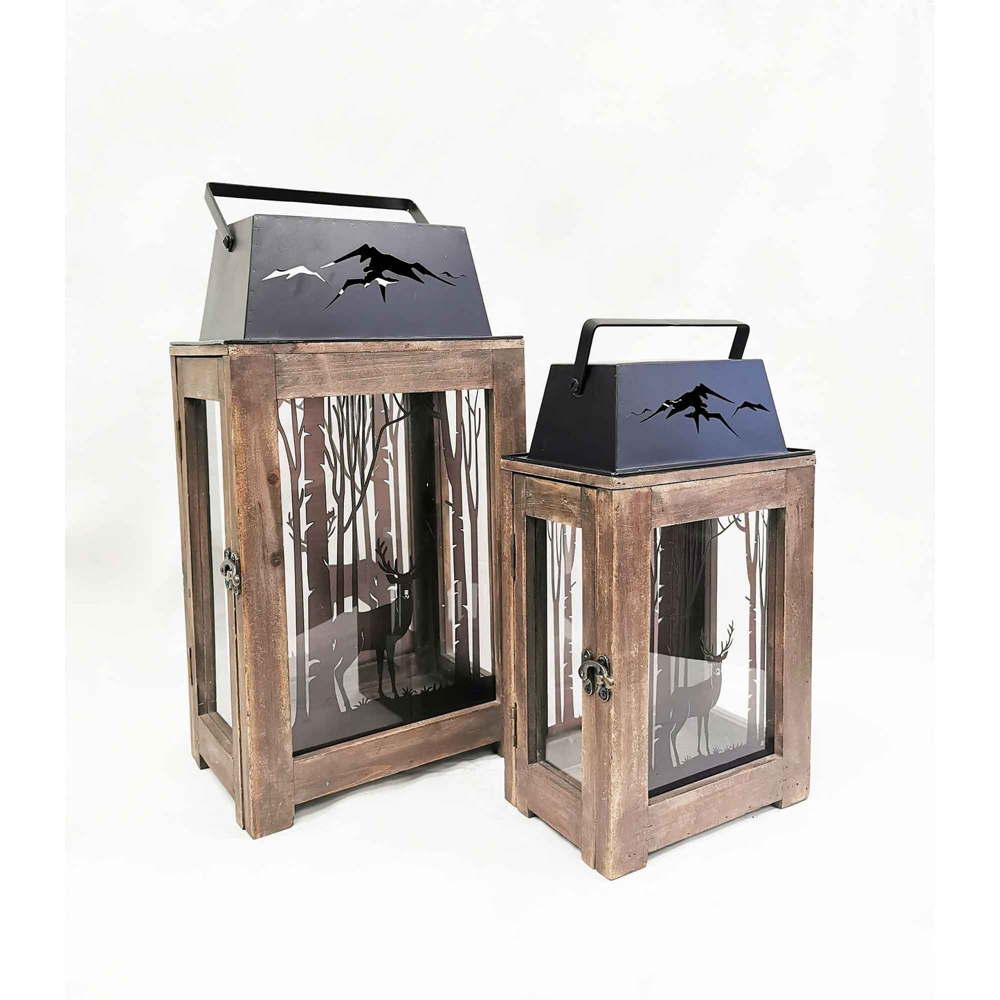 Set Of 2 Deers In The Forest With Handles Lanterns