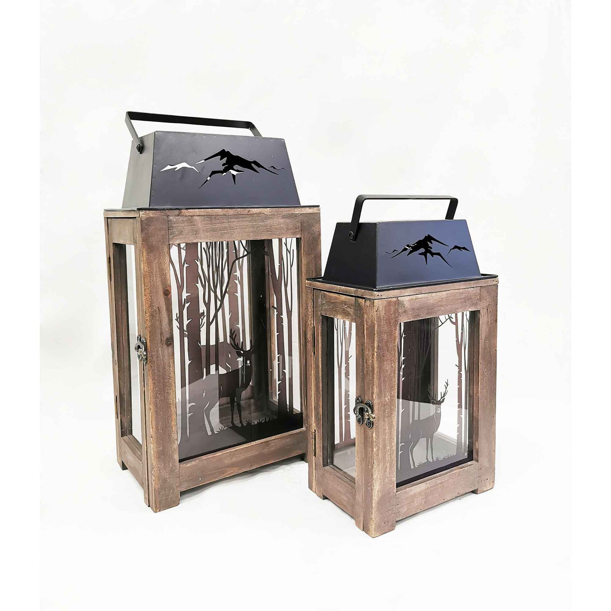 Set Of 2 Deers In The Forest With Handles Lanterns