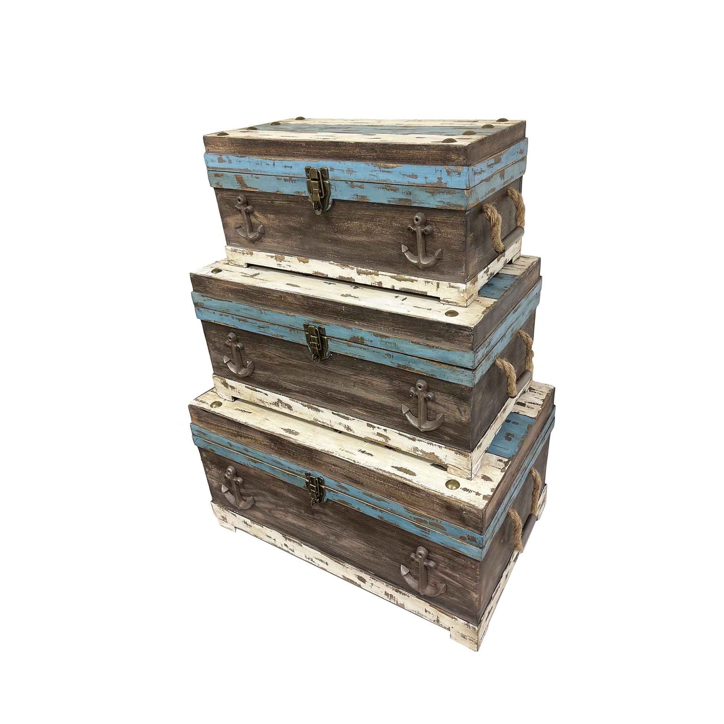 Set Of 3 Weathered Coastal Colors With Anchor Accents Decorative Trunks