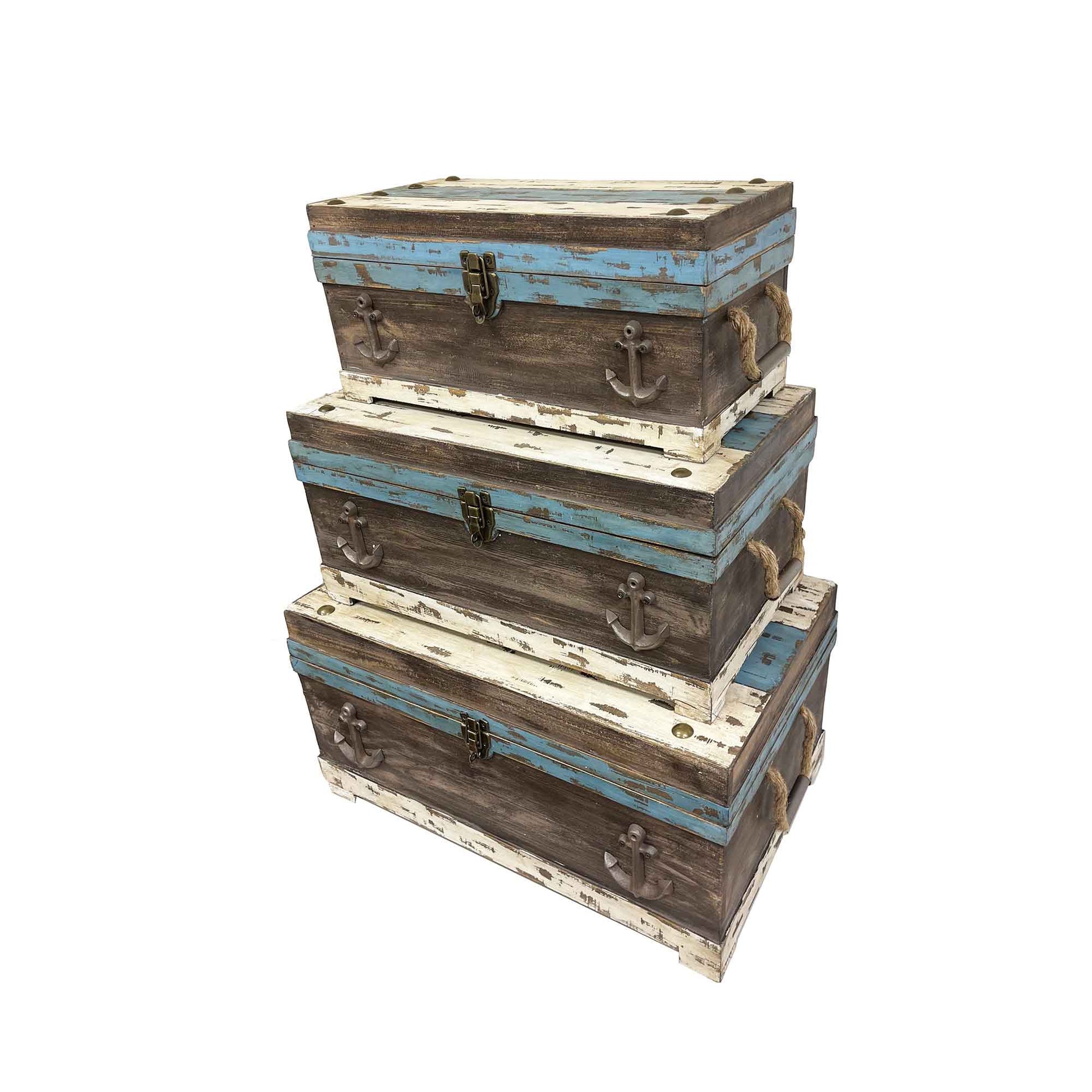 Set Of 3 Weathered Coastal Colors With Anchor Accents Decorative Trunks