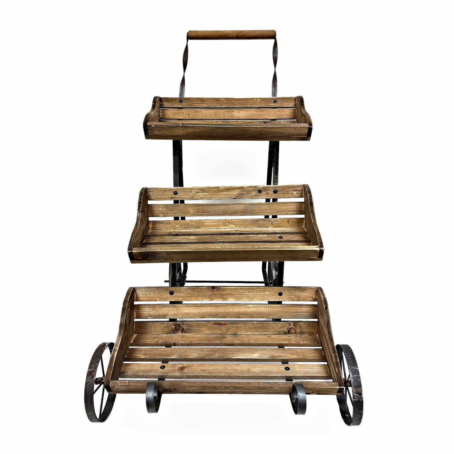 Rustic Tiered With Handle On Wheels Plant Stand