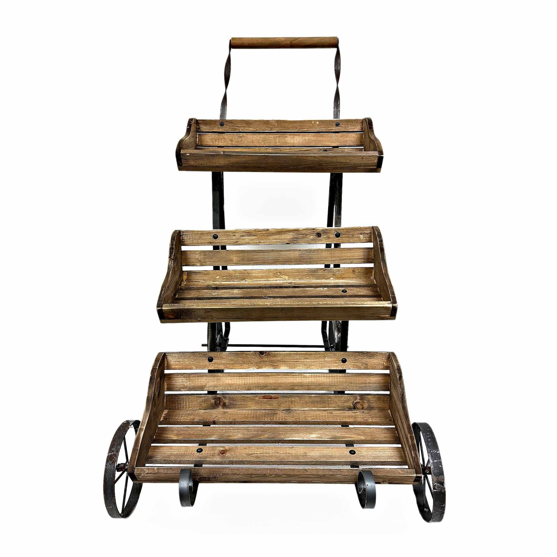 Rustic Tiered With Handle On Wheels Plant Stand