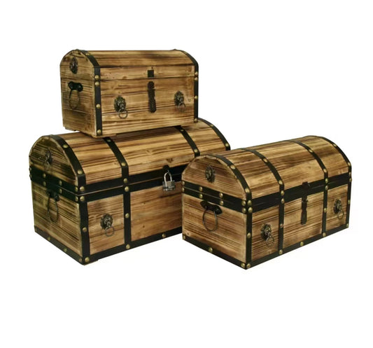 Set Of 3 Vintage Wooden Treasure Chest Trunks