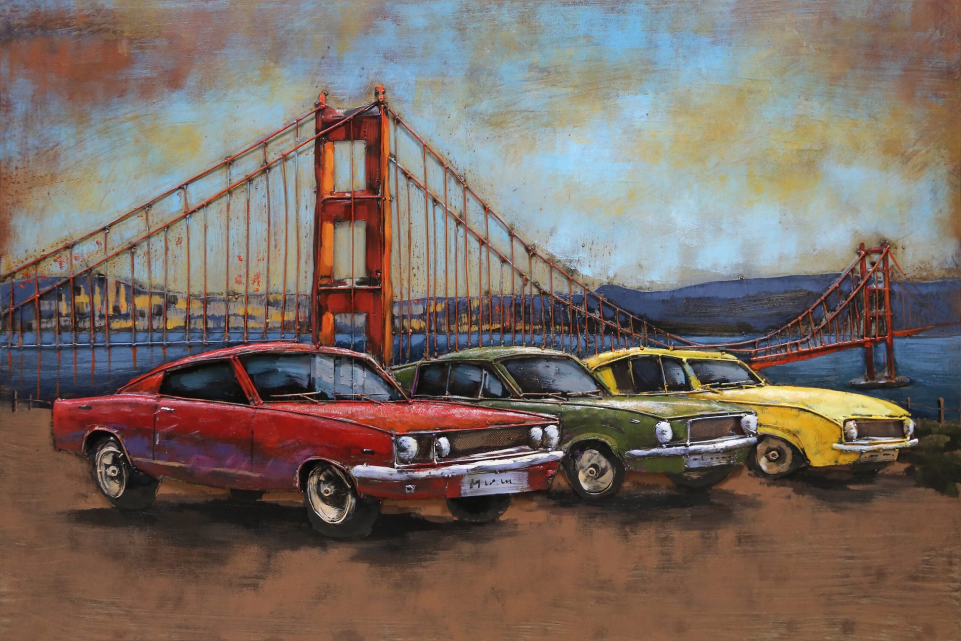 Vintage Cars Beside A Bridge 3D Metal Wall Decor