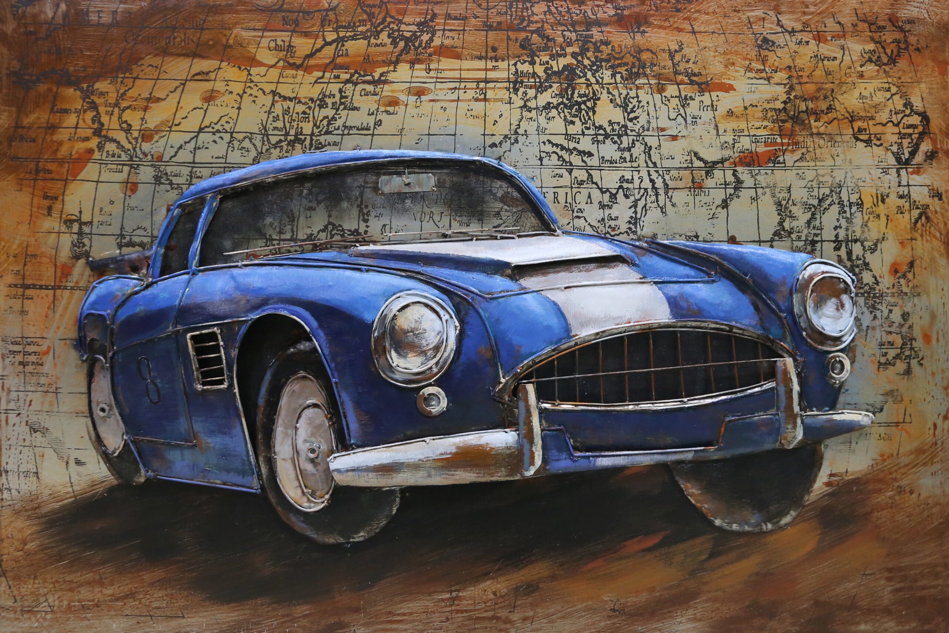 Classic Sports Car Against A Map 3D Metal Wall Decor