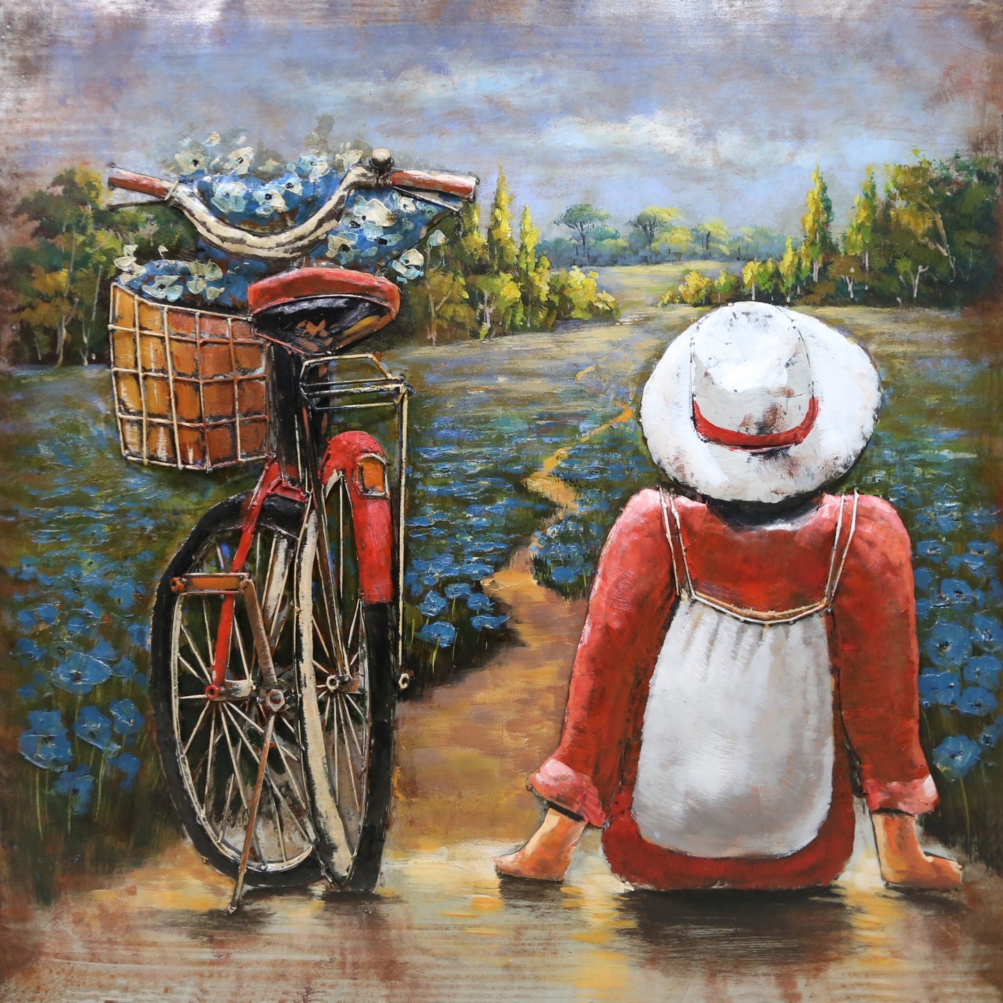 Girl Beside Her Bicycle Enjoying The View 3D Metal Wall Decor