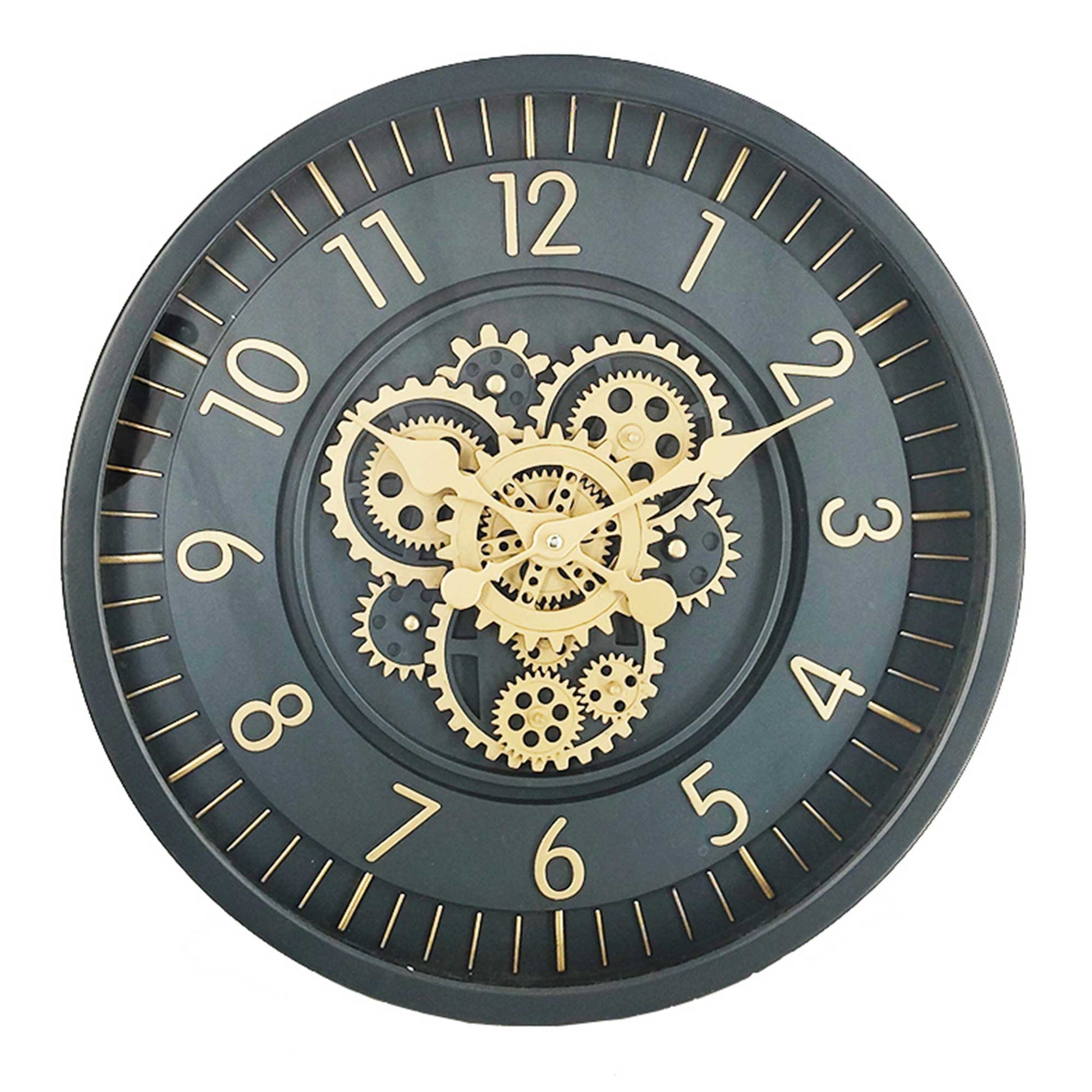 Dark Blue With Gold Moving Gears Wall Clock