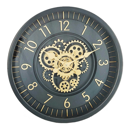 Dark Blue With Gold Moving Gears Wall Clock