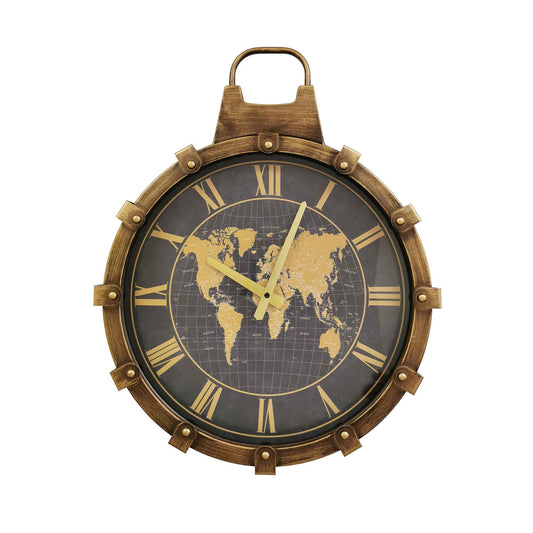 Padlock Look With Gold Accents And World Map Print Wall Clock