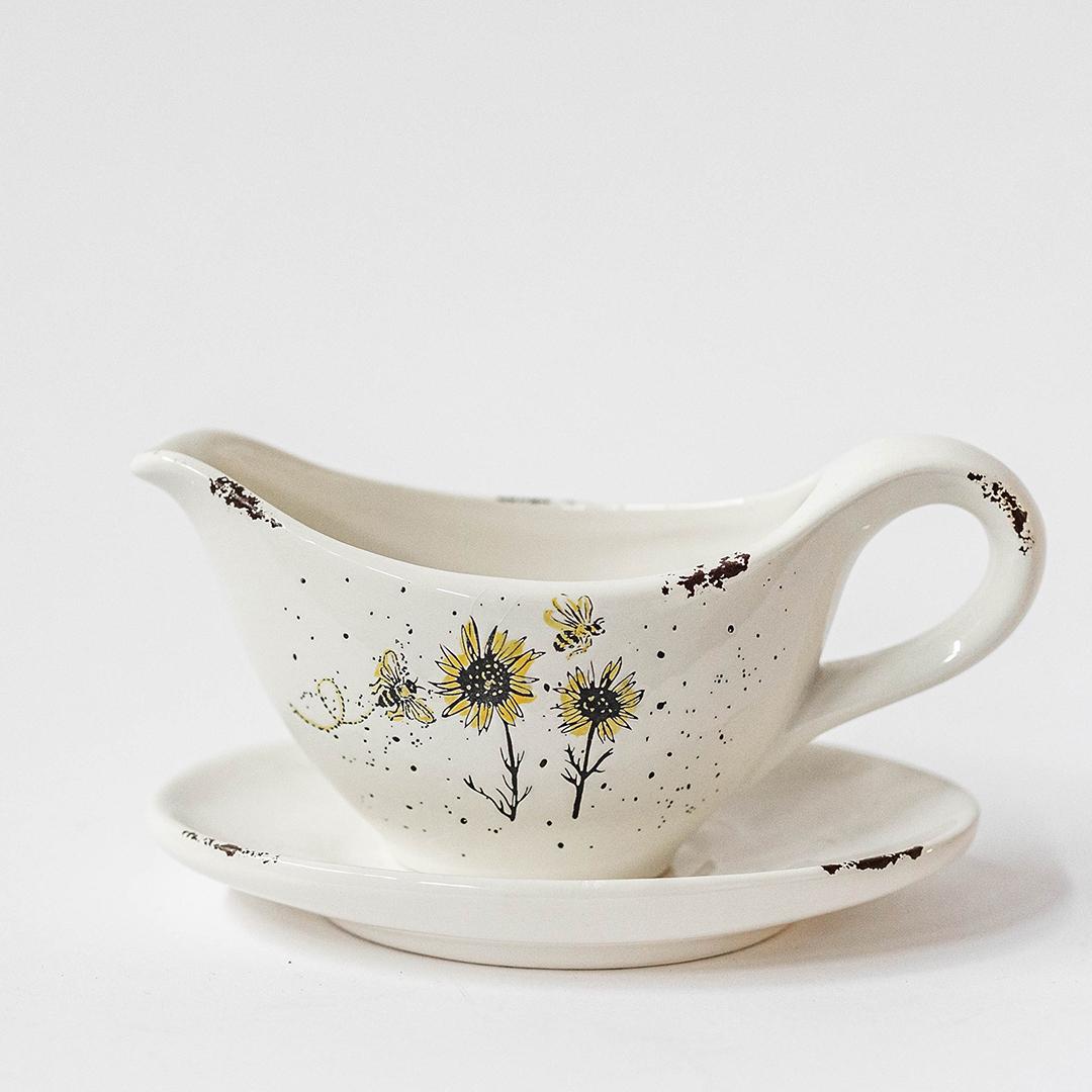 Rustic Look Sunflowers With Saucer Gravy Boat