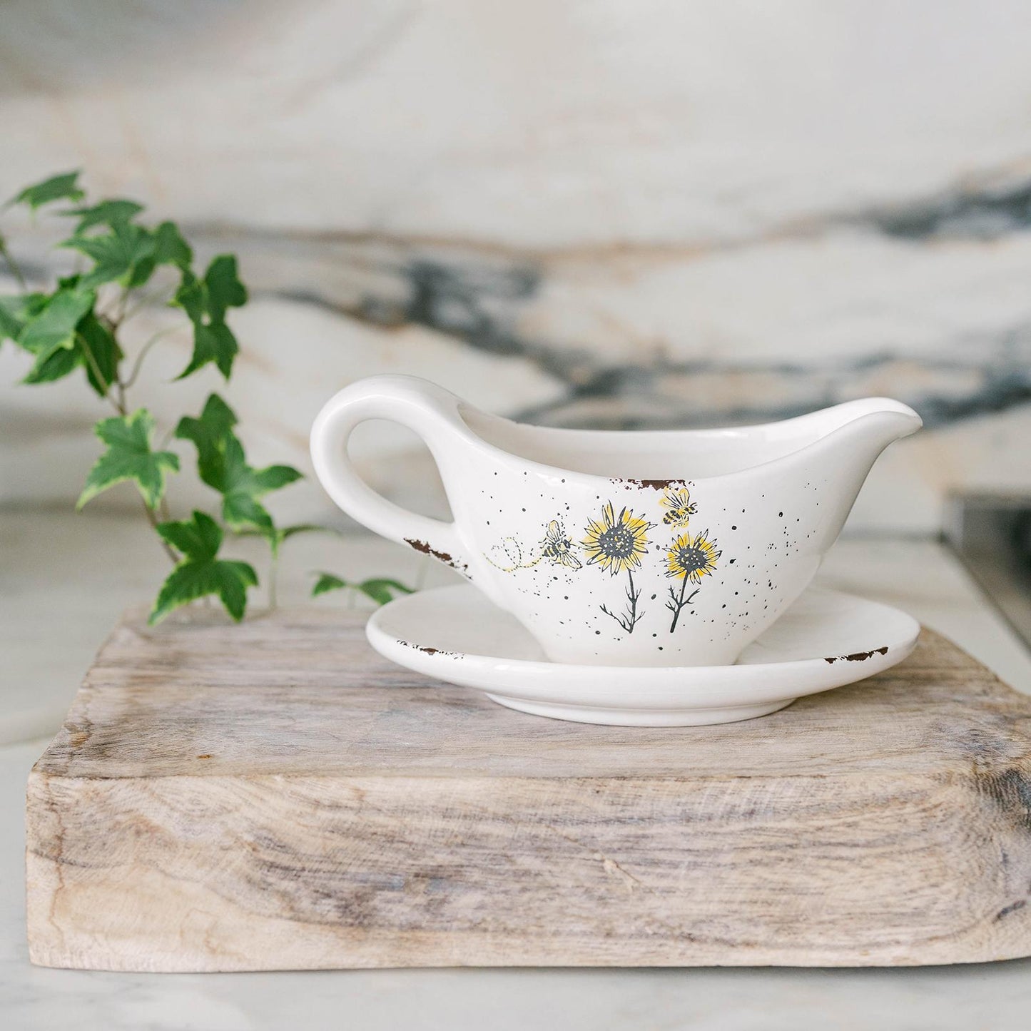 Rustic Look Sunflowers With Saucer Gravy Boat