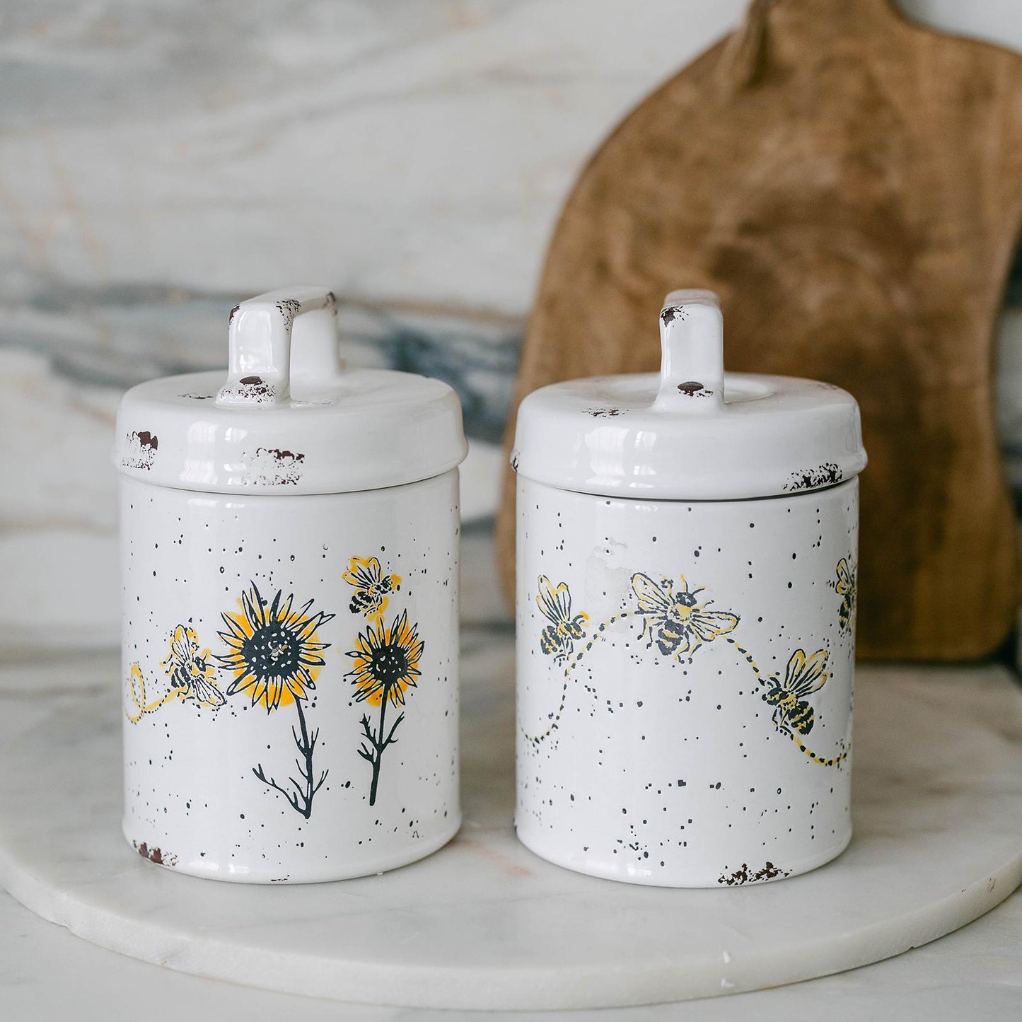 Set Of 2 Rustic Look Lidded Bees And Sunflowers Canister