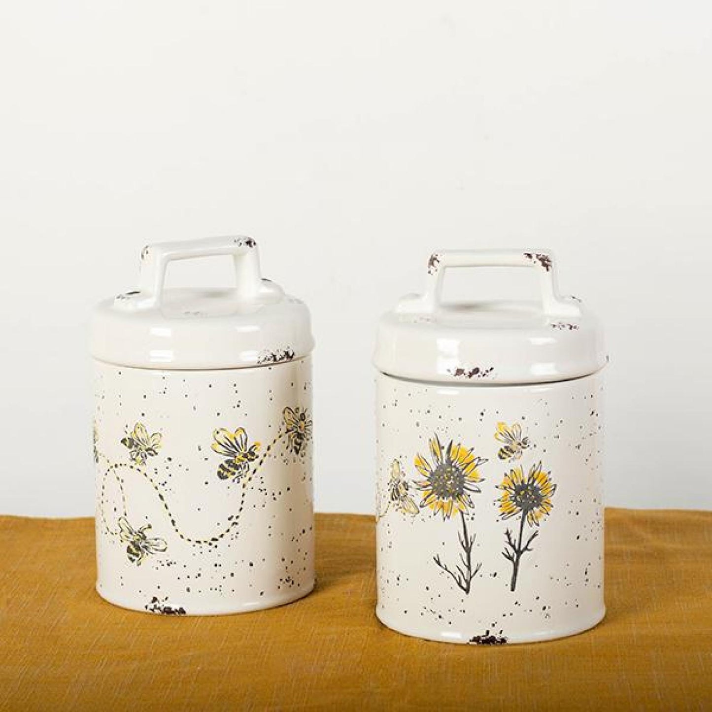 Set Of 2 Rustic Look Lidded Bees And Sunflowers Canister