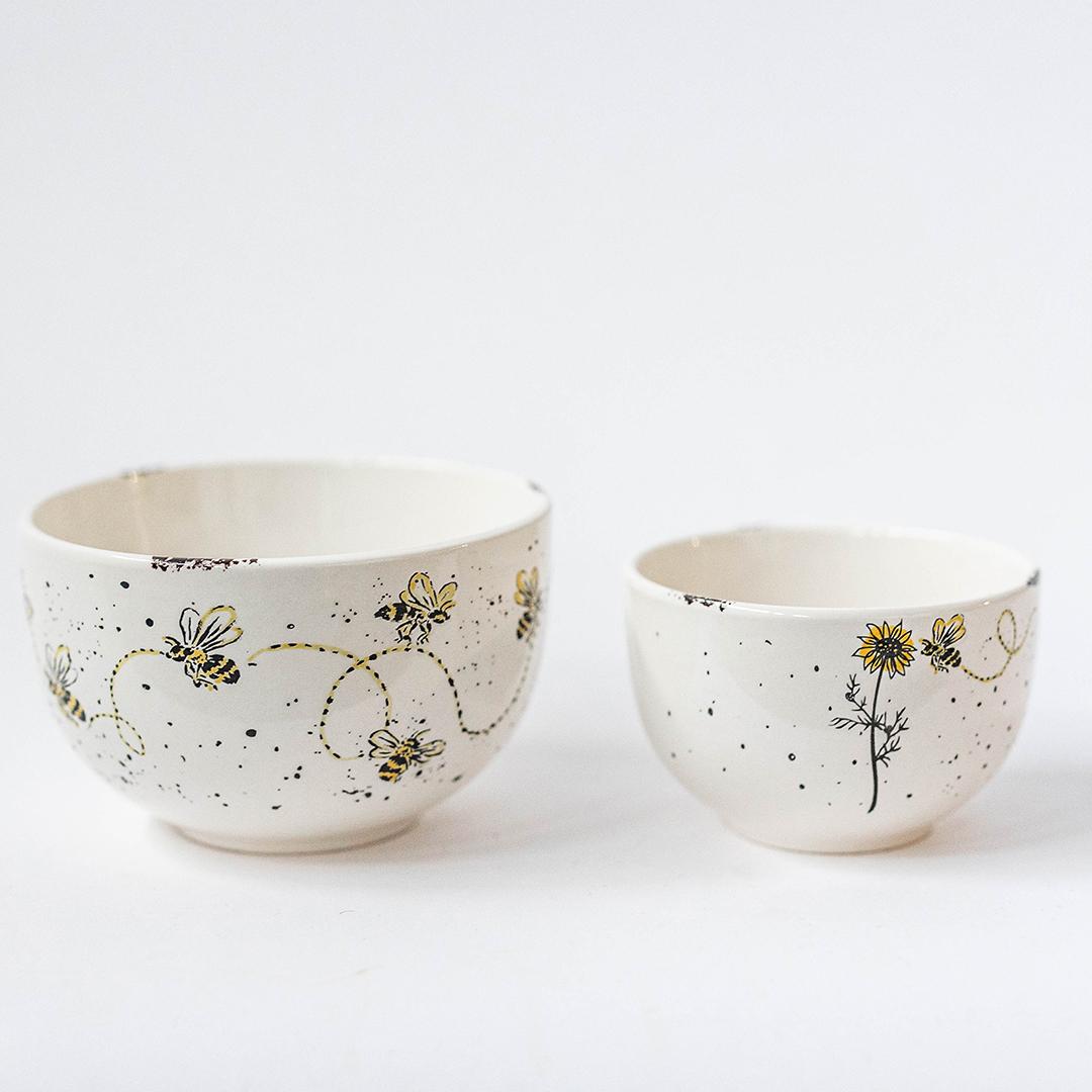 Set Of 2 Ceramic With Bees, Sunflowers And Speckles Decorative Bowls