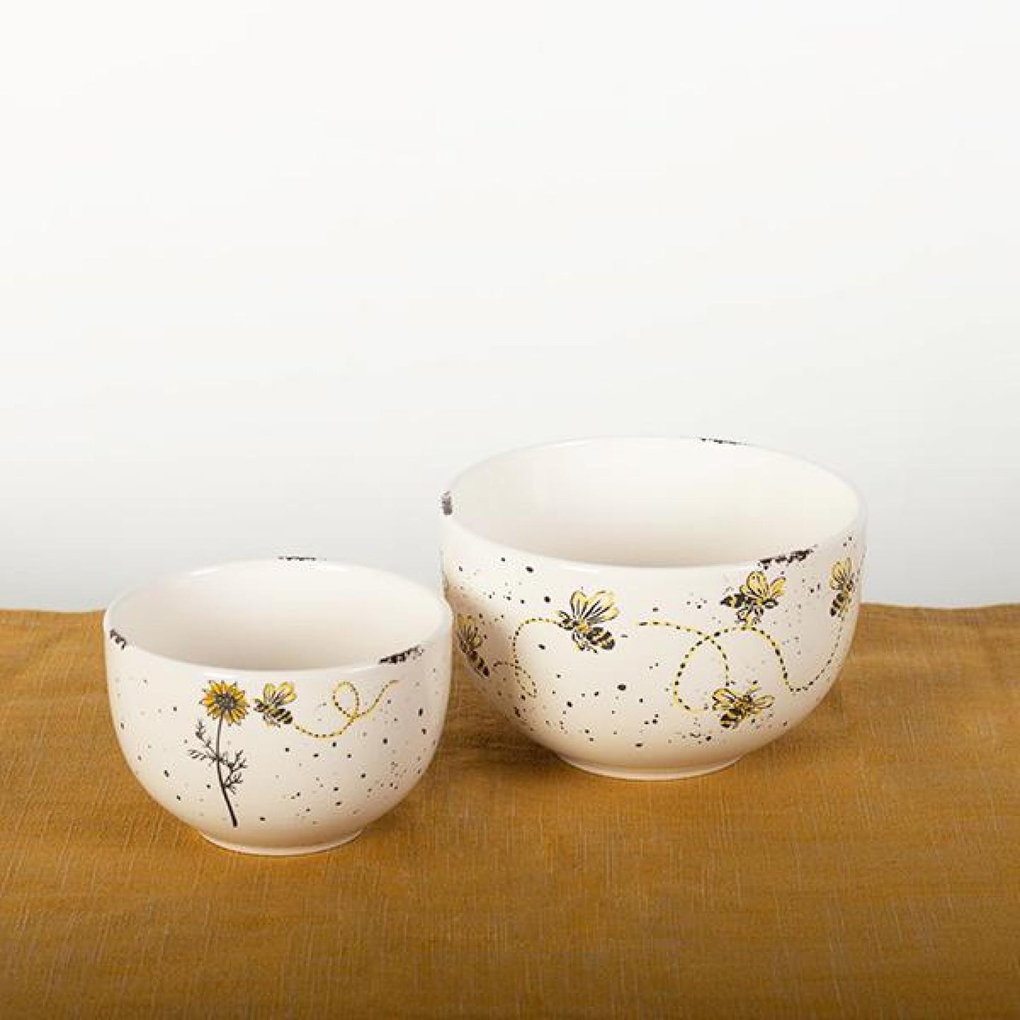 Set Of 2 Ceramic With Bees, Sunflowers And Speckles Decorative Bowls