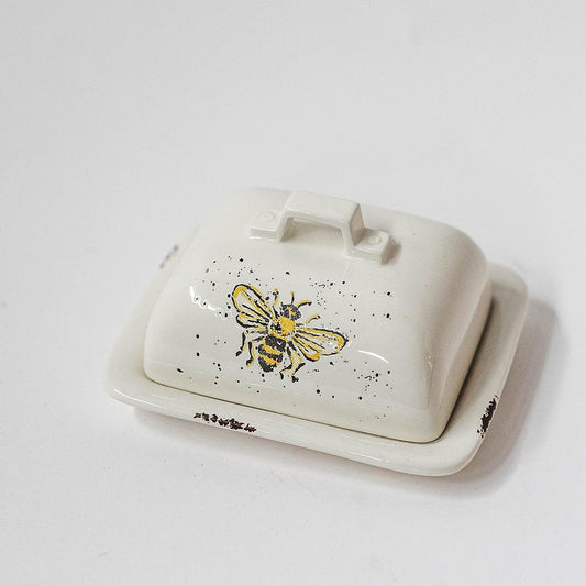 Ceramic Speckled With Bees And Sunflowers Butter Dish