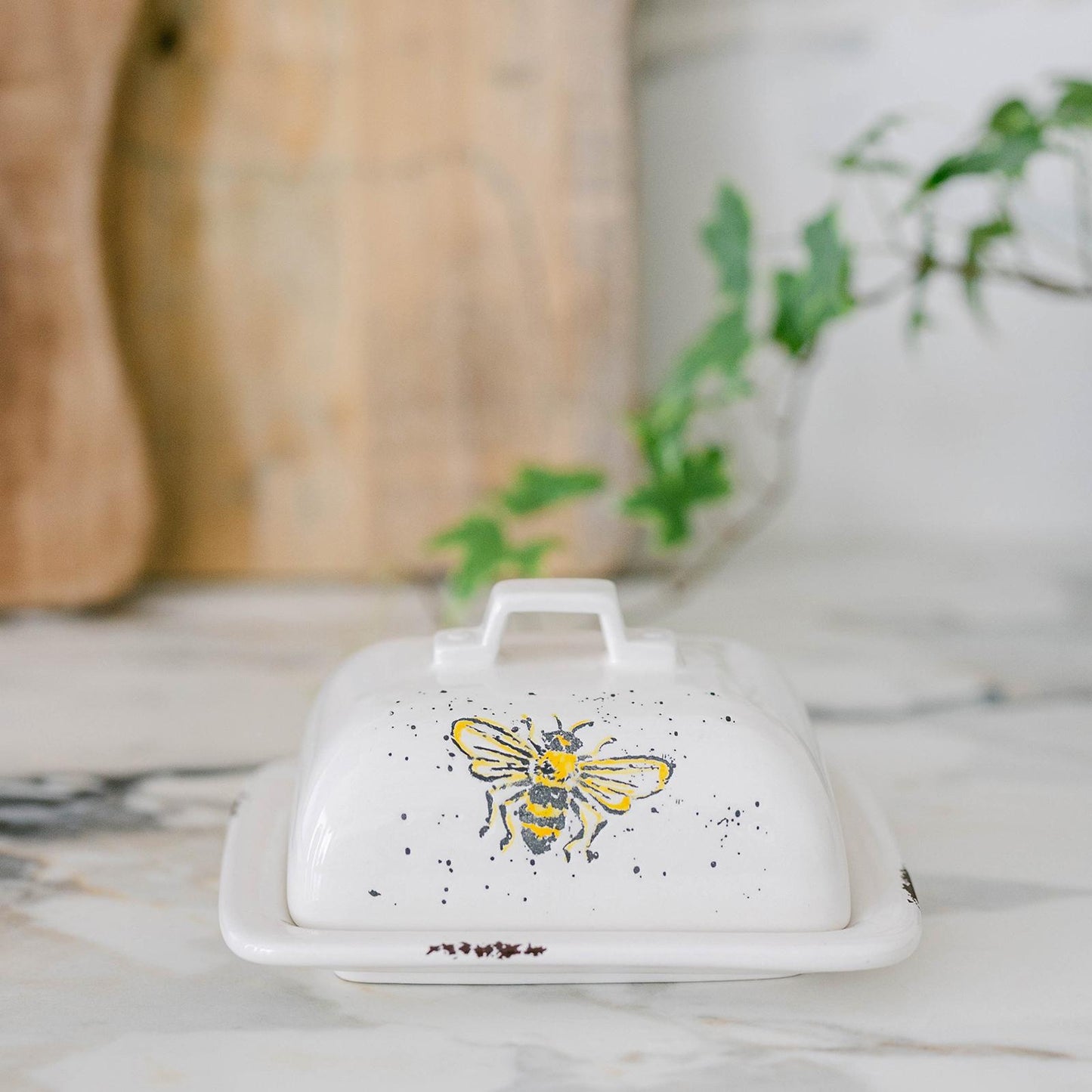 Ceramic Speckled With Bees And Sunflowers Butter Dish