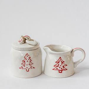 Festive White With Red Christmas Tree Patterned Cream & Sugar Set