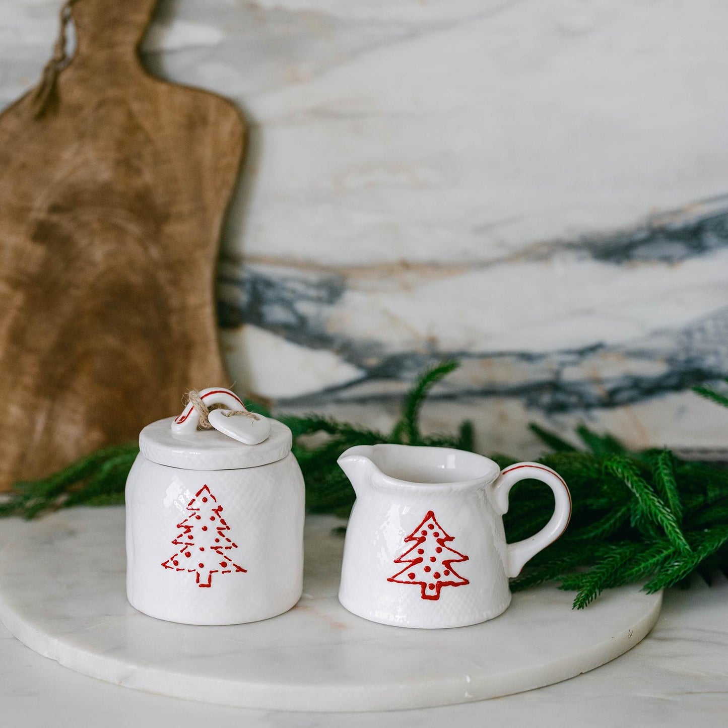 Festive White With Red Christmas Tree Patterned Cream & Sugar Set