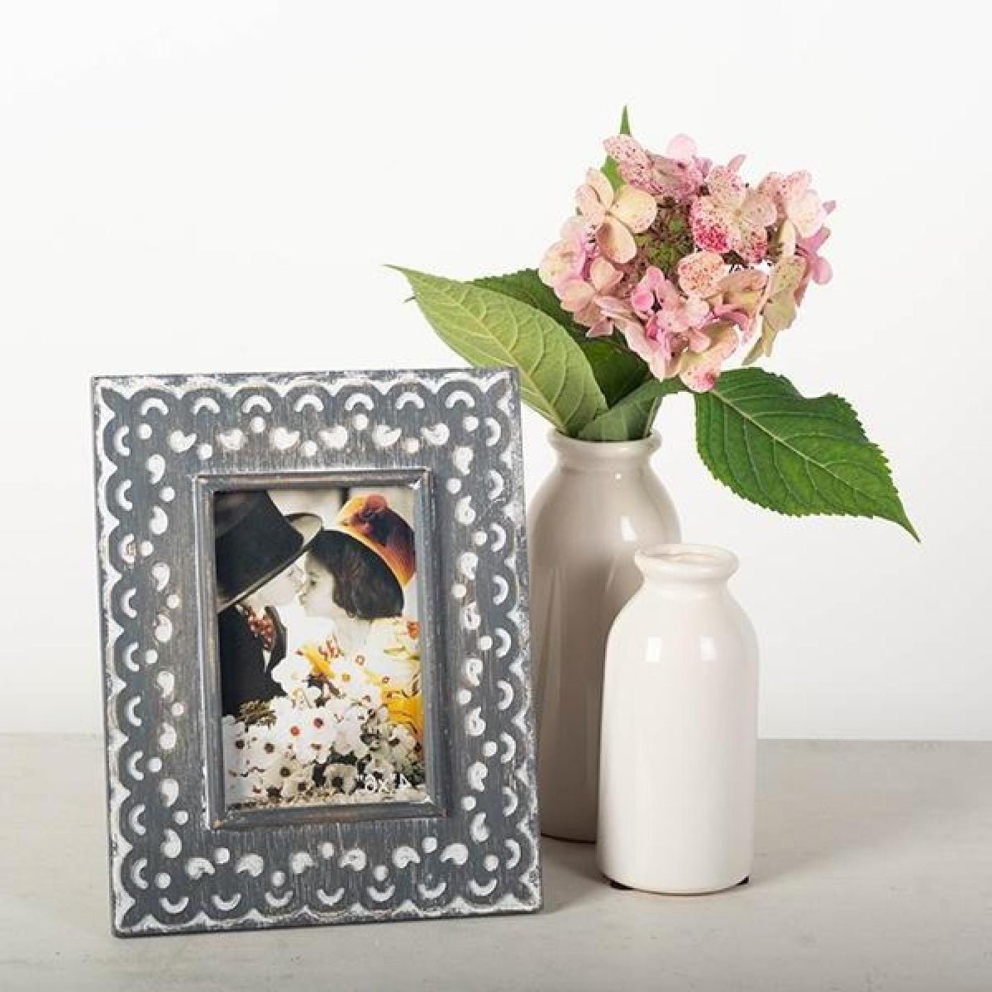 Wooden Washed Gray And White Patterned Photo Frame