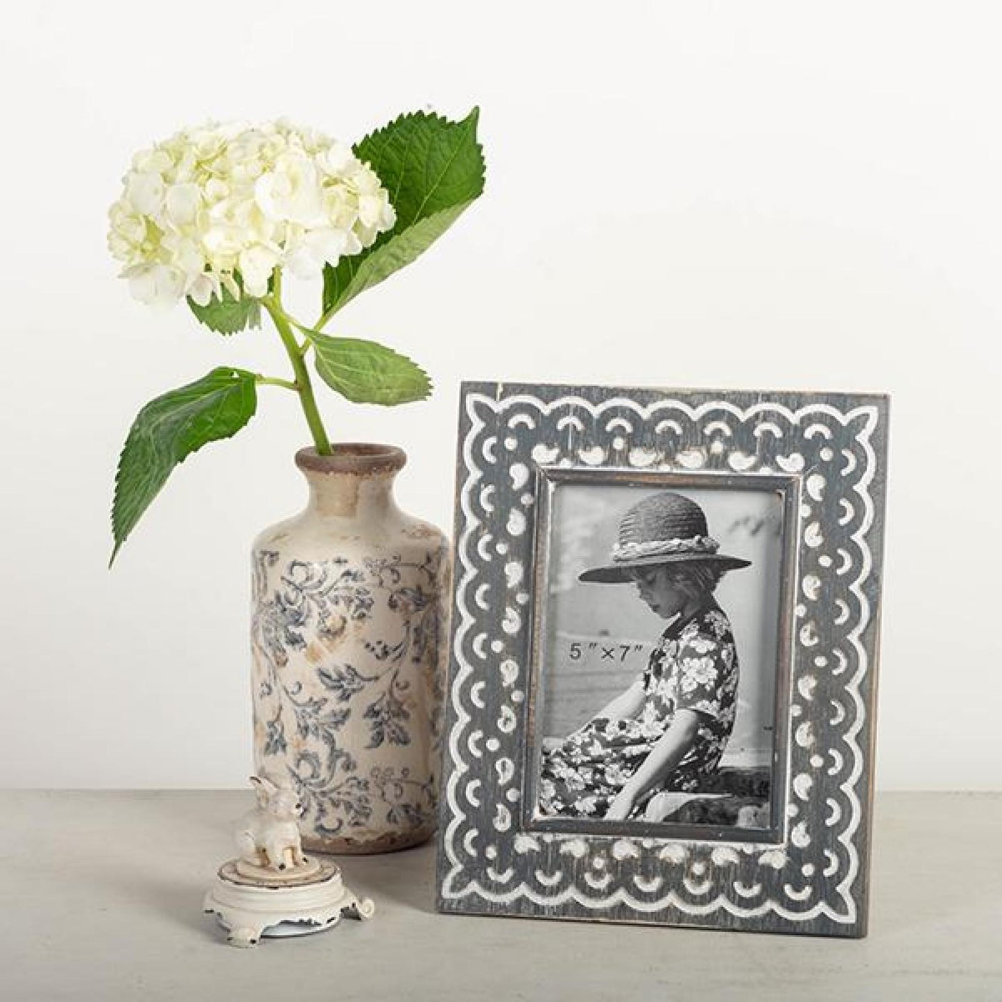 Wooden Washed Gray And White Patterned Photo Frame