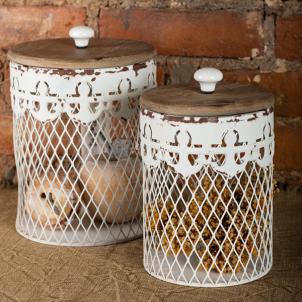 Set Of 2 White Metal Wire With Brown Lid Jars