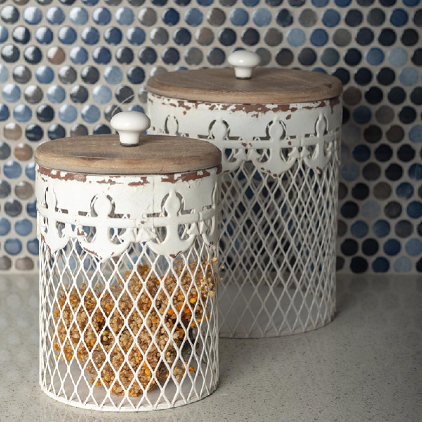 Set Of 2 White Metal Wire With Brown Lid Jars