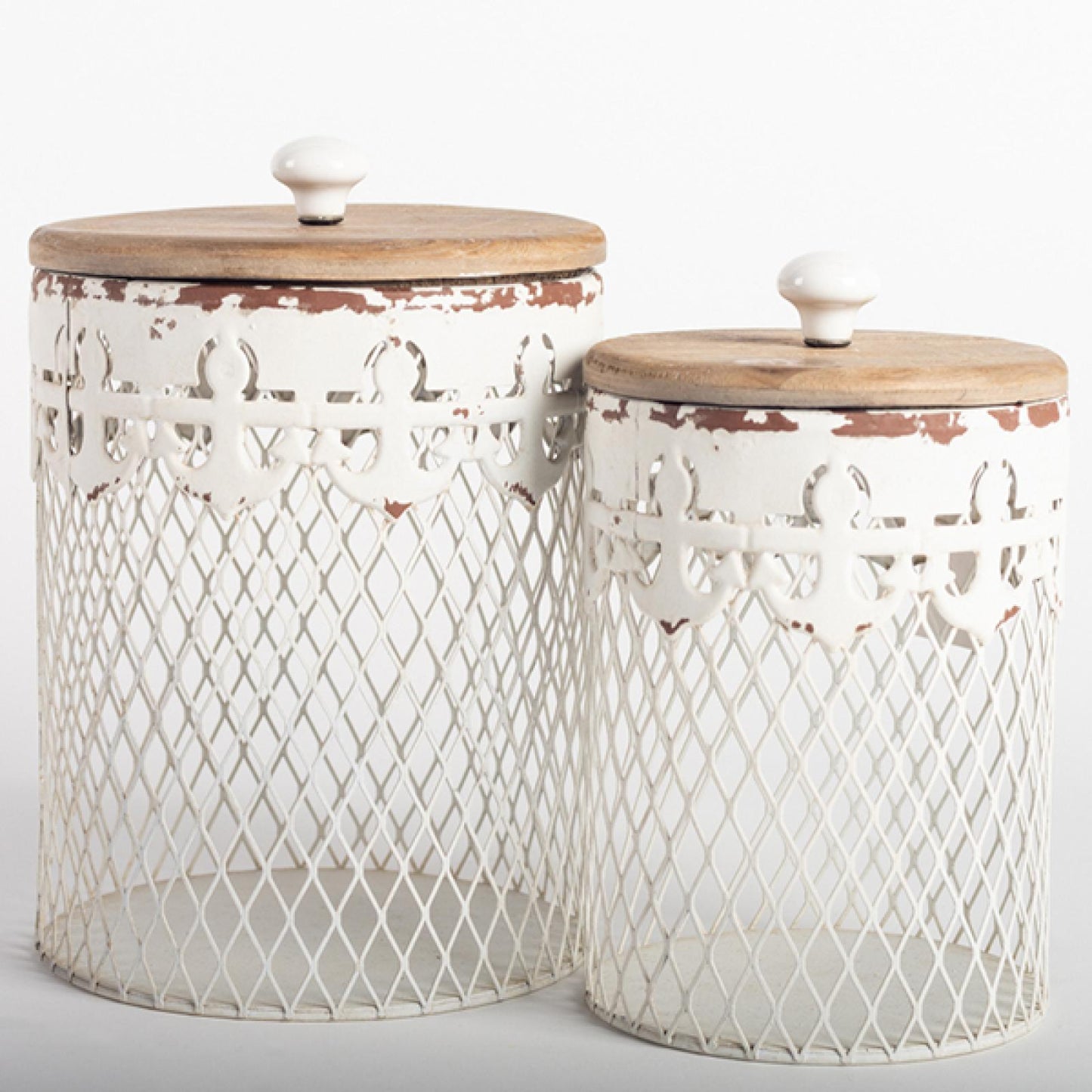 Set Of 2 White Metal Wire With Brown Lid Jars