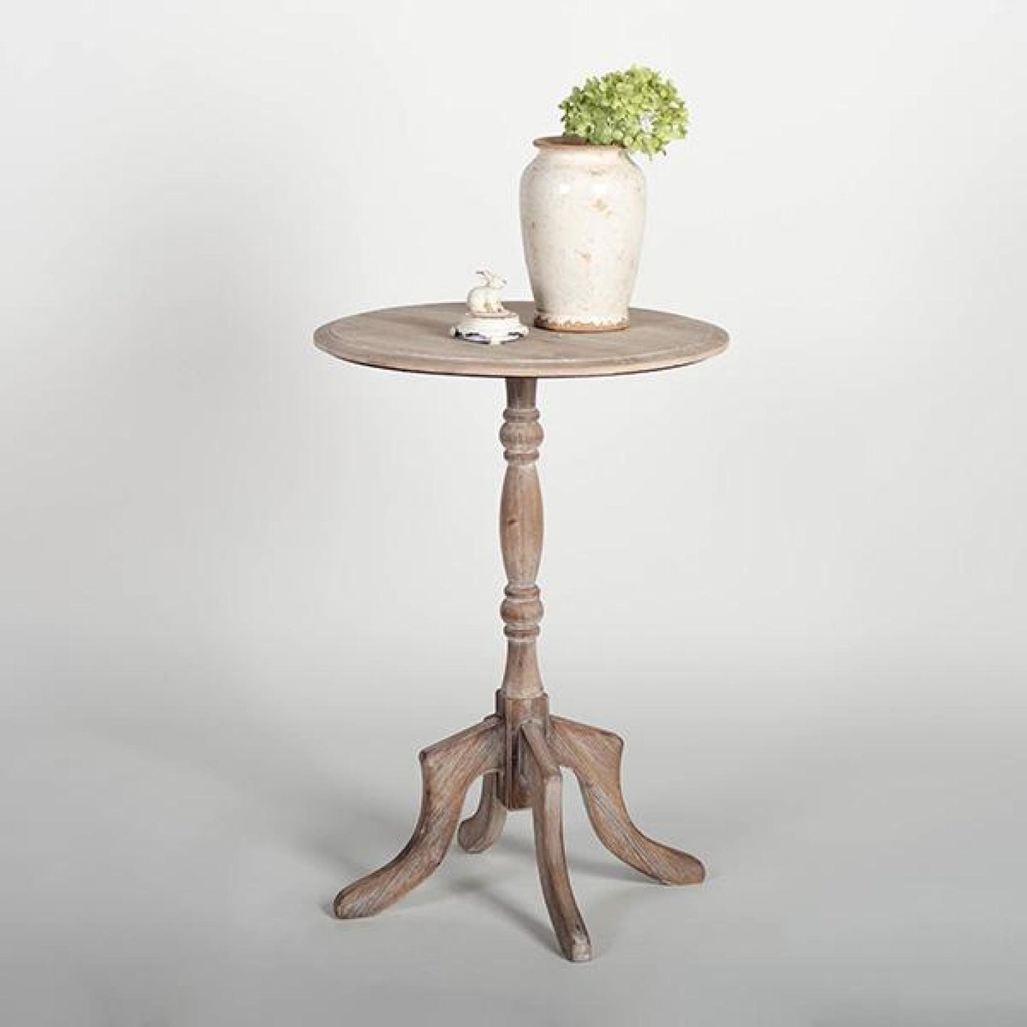 Washed White On Brown Round Wooden Side Table