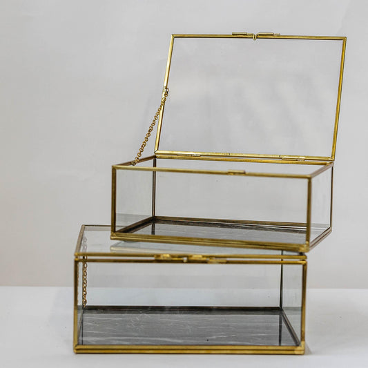 Set Of 2 Glass With Gold Color Metal Frame Lidded Boxes