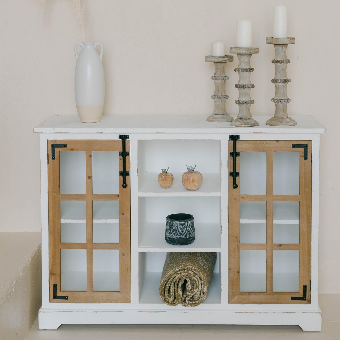 White With Brown Window Panes Doors And Shelves Cabinet
