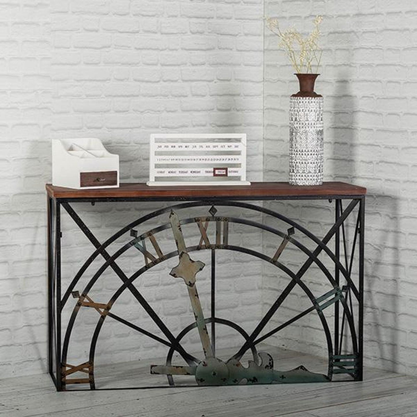 Wooden Top With Metal Half Clock Frame Table