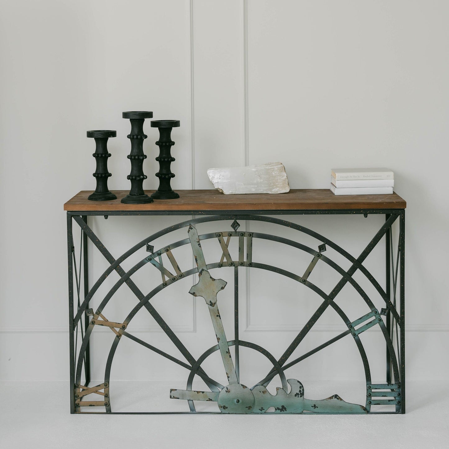 Wooden Top With Metal Half Clock Frame Table