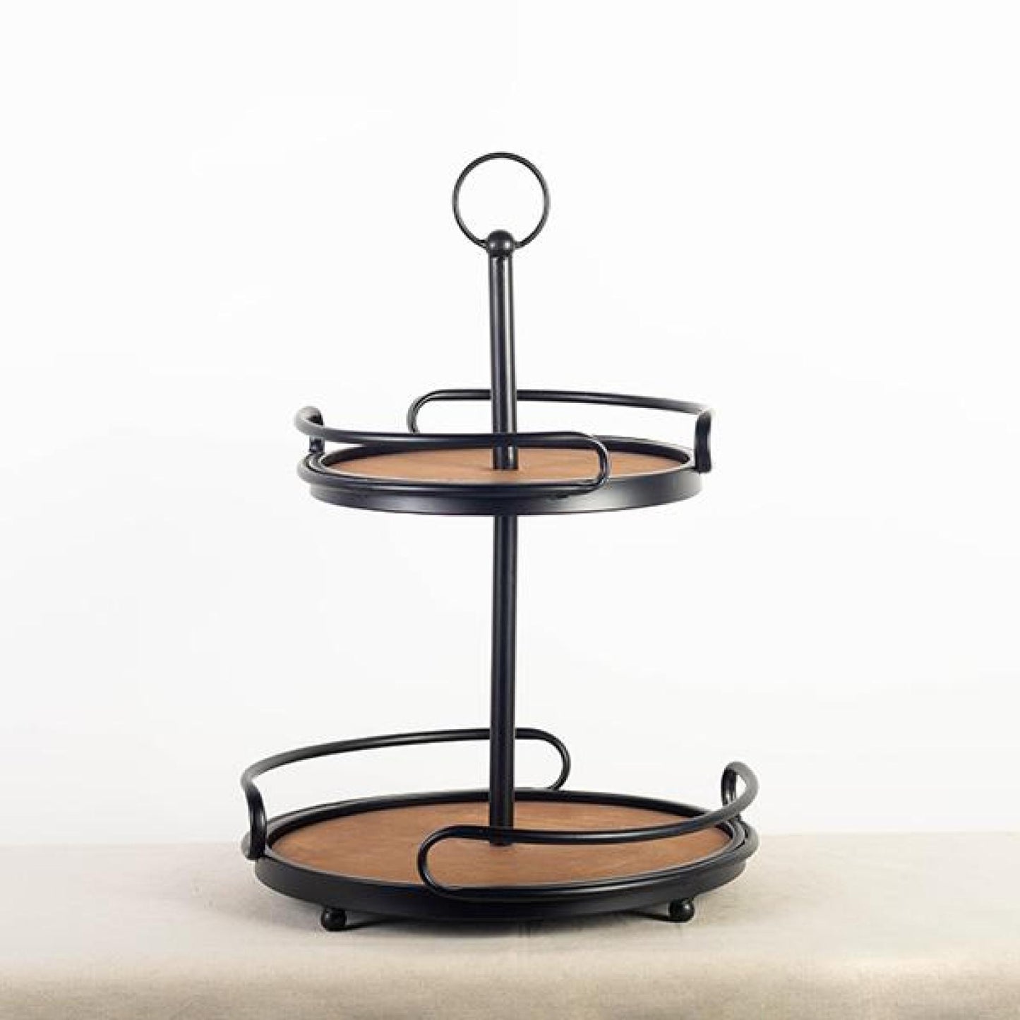 Two Tiered Circular Wood With Metal Tray