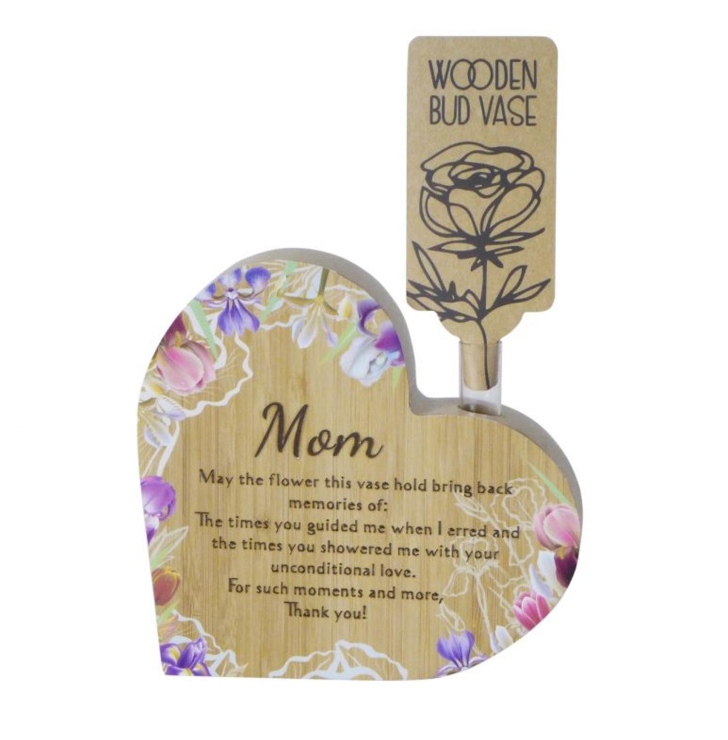 Heart With Text - Mom Wooden Bud Vase