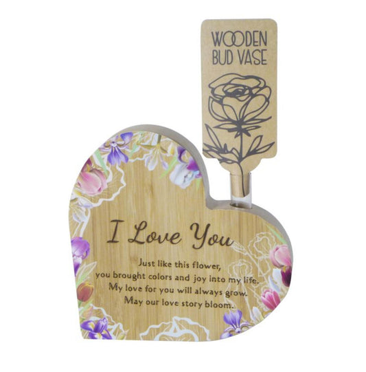 Heart With Text - I Love You Wooden Bud Vase