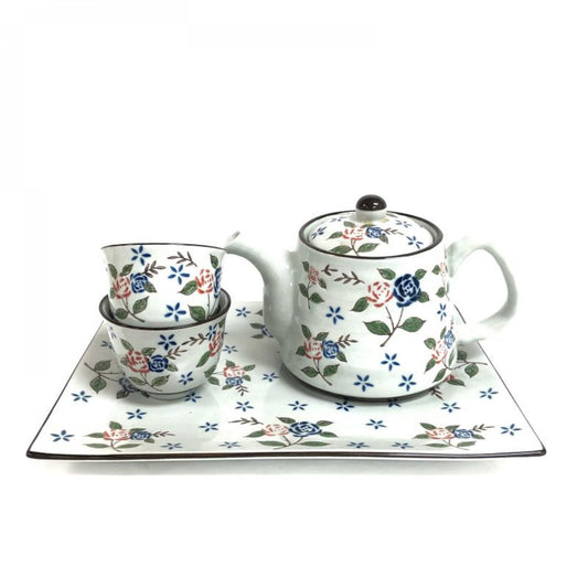 Set Of 4 Blue And Pink Flowers Tea Set