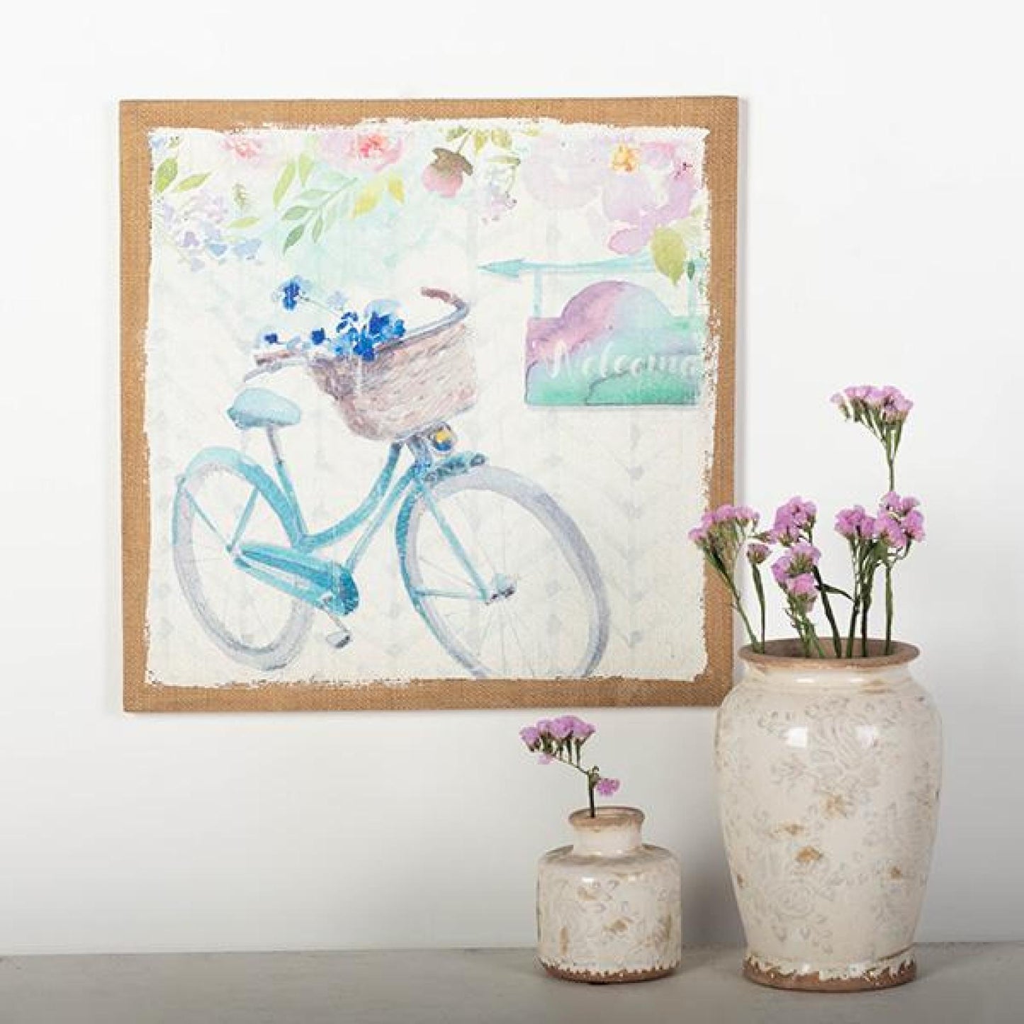 Bicycle And Flowers With A Welcome Sign Unframed Print Wall Decor