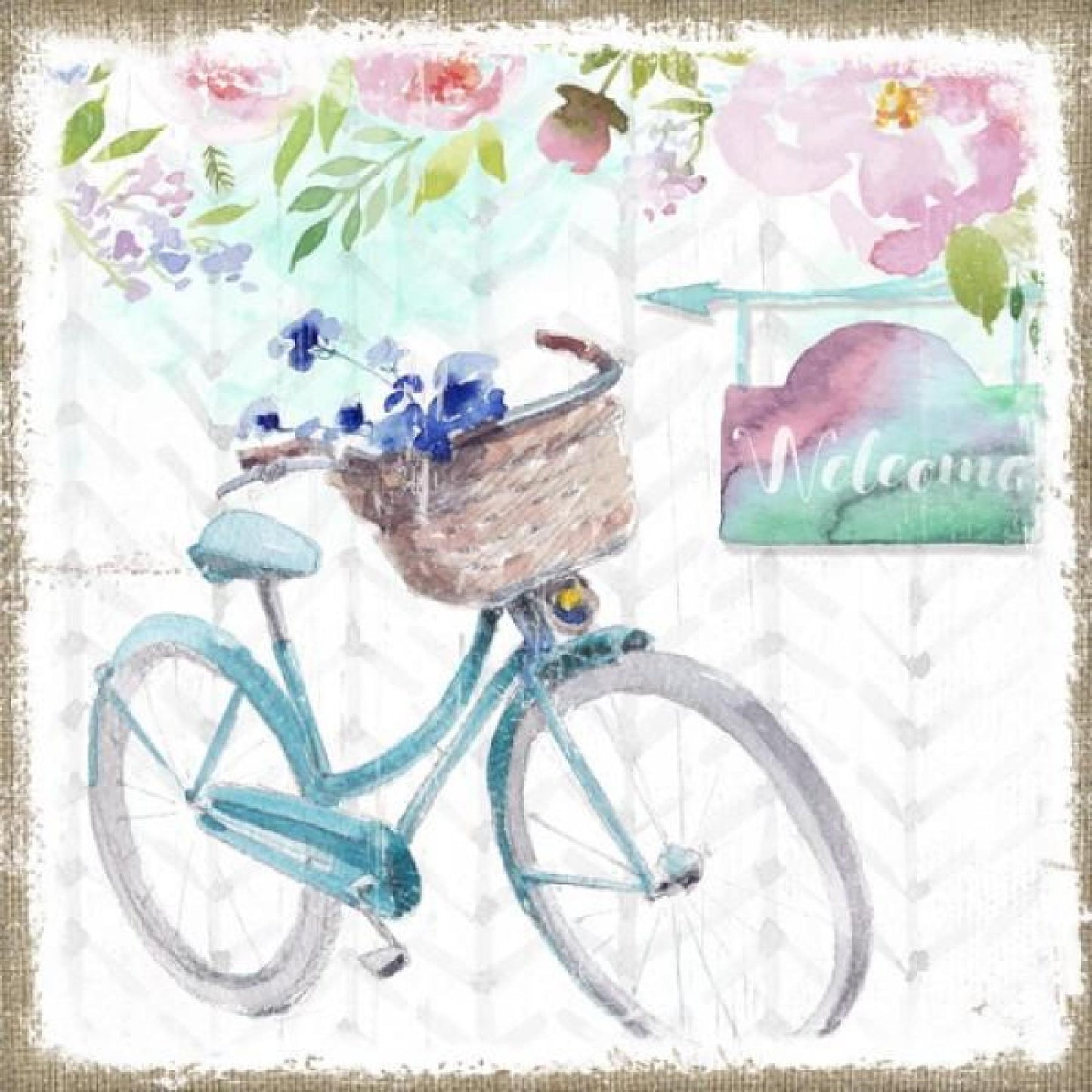 Bicycle And Flowers With A Welcome Sign Unframed Print Wall Decor