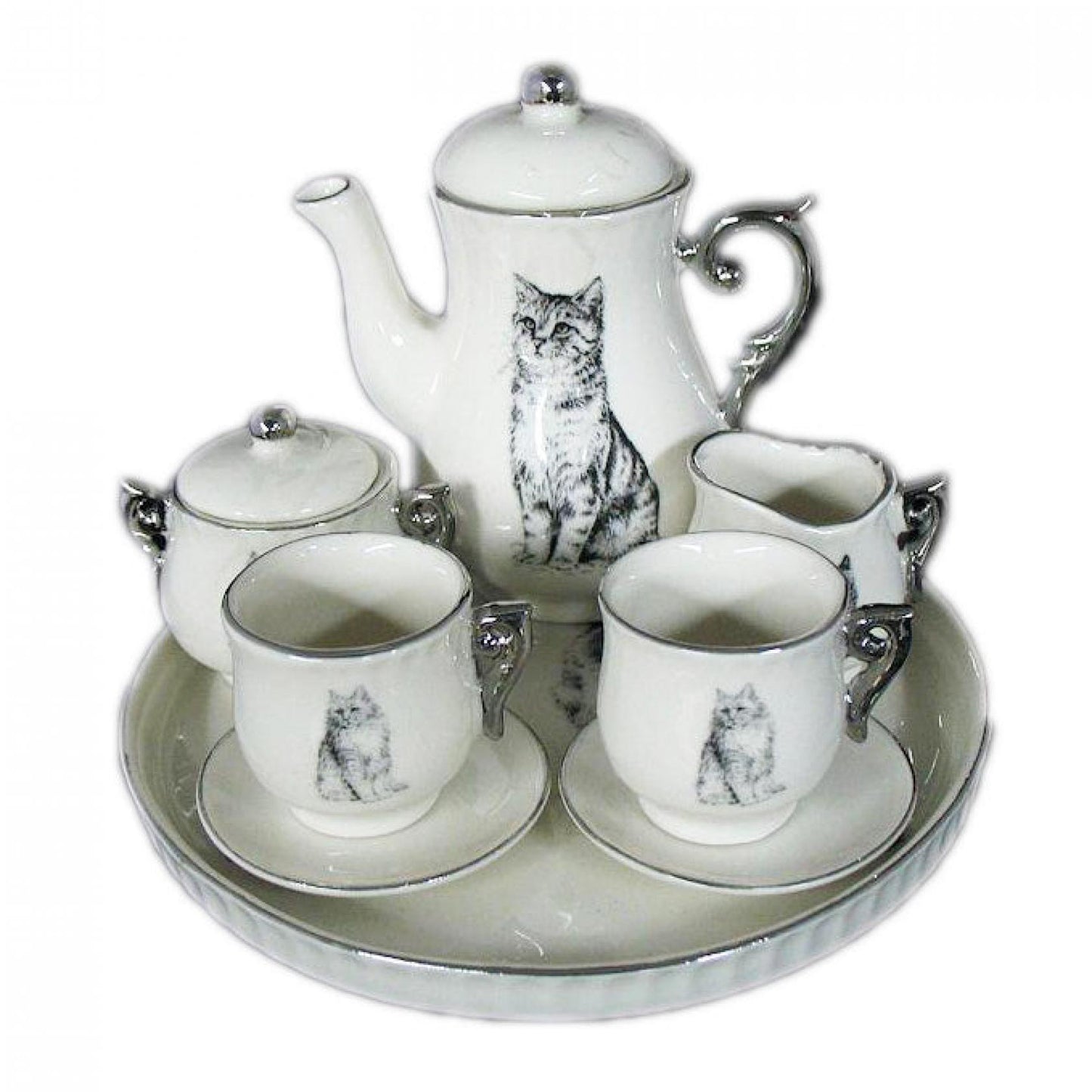 Set Of 7 Miniature Cat Patterned Decorative Tea Set