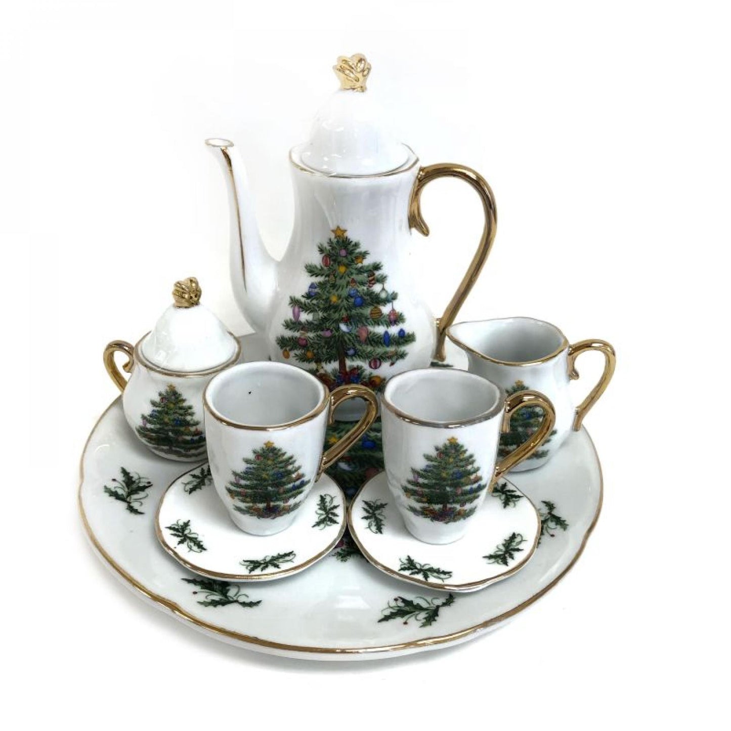 Set Of 7 Miniature Christmas Tree Patterned Decorative Tea Set